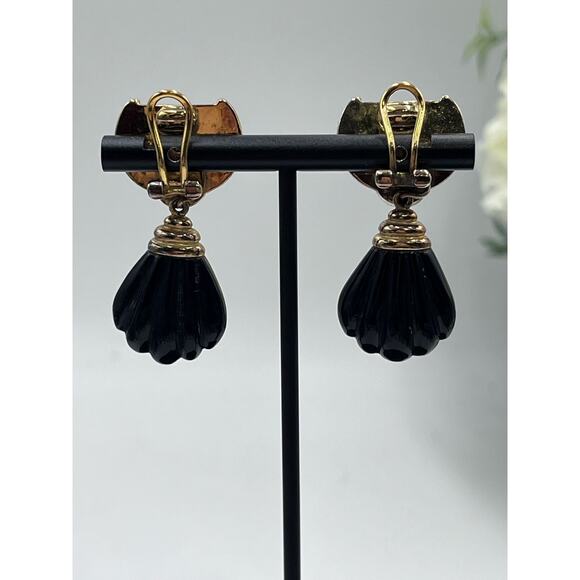 Kylo Vintage Sterling Silver Vermeil Obsidian Garnet Gem Clip On Runway Earrings - Picture 3 of 16